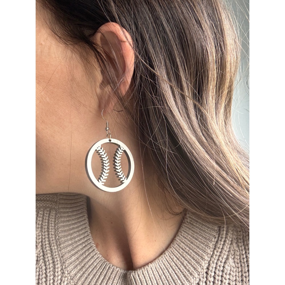 Baseball Wood Dangle Earrings White Sporty Game Day Jewelry Fishhook Cutout